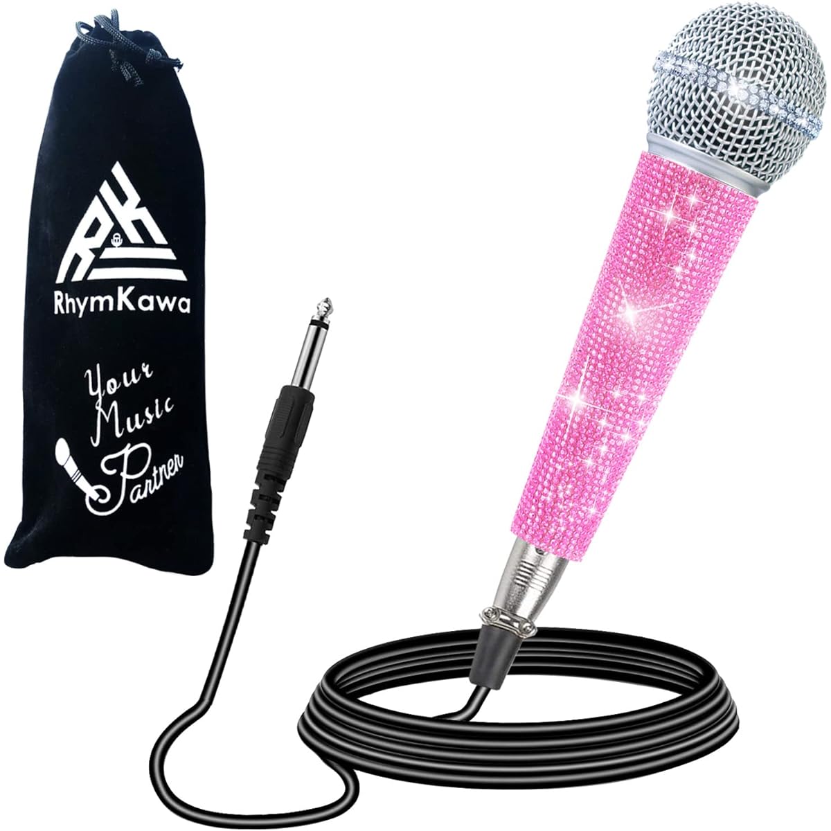 RhymKawa RS58 Pink Bling Cardioid Dynamic Vocal Wired Microphone for Singing Karaoke Microphone with Metal Handheld & Glitter Crystal Cover