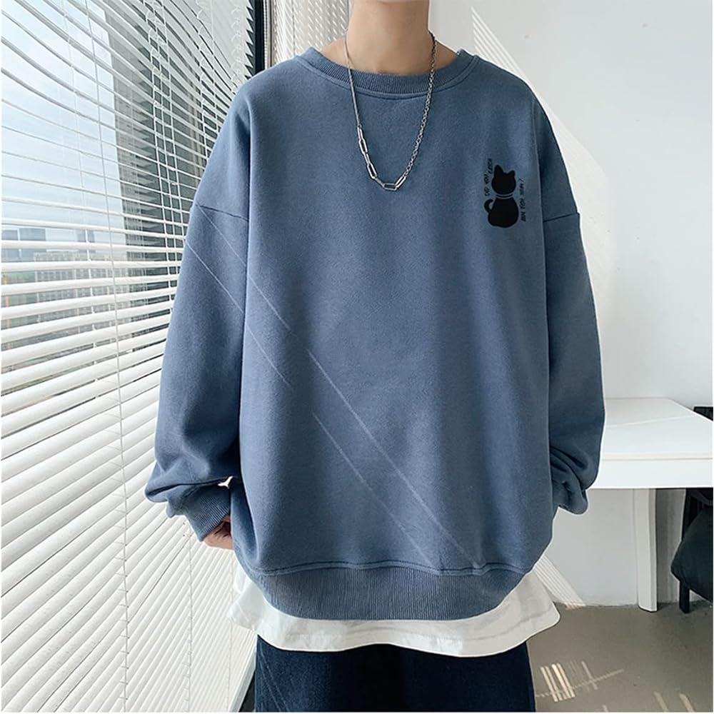 [ARIGADOU] Men's Sweatshirt, Fleece-lined Parka, Long Sleeve, Back Cat Print, Oversized, Thick, Cold Protection, Warm, Loose, Stylish, Autumn/Winter Clothes