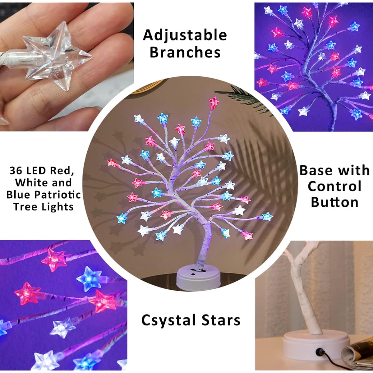 Pooqla 4th of July Decoration Light Up Tree 36LED Independence Day LED Tree with Star Lights Red White Blue Table Centerpiece Lights Patriotic Lights Memorial Day Party Home Decoration