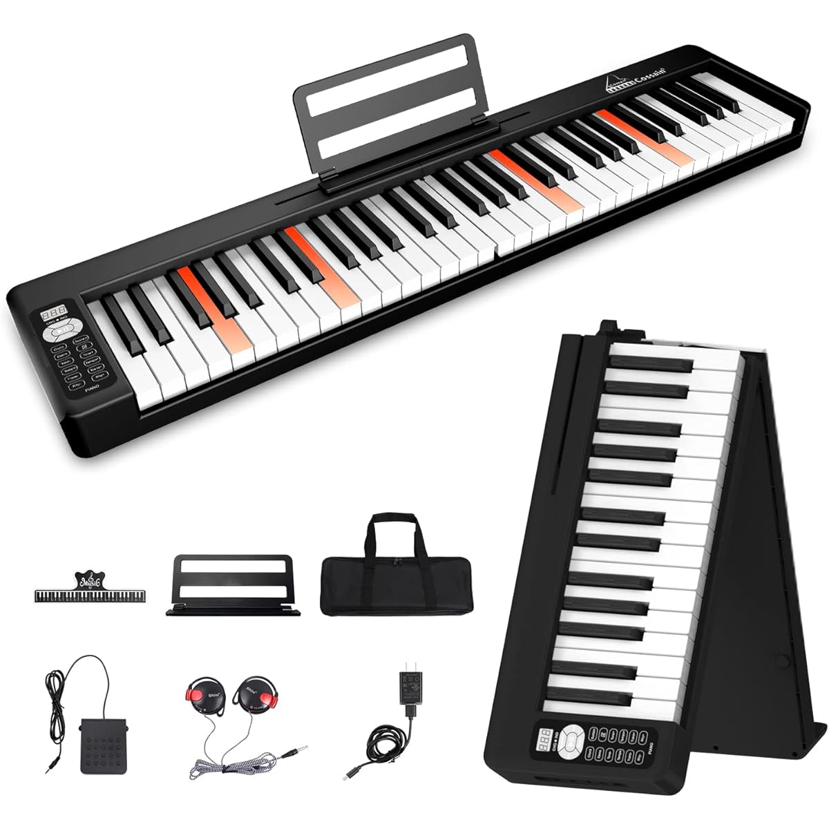 Electronic Piano, 61 Keys, Foldable Portable, Semi-Weight Keyboard, 128 Tones, 128 Rhythms, Dual Bluetooth Function, MIDI Compatible, Built-in Battery, Pedal Included, Headphones Included, Bag Included (Compact, Black-Light Key)