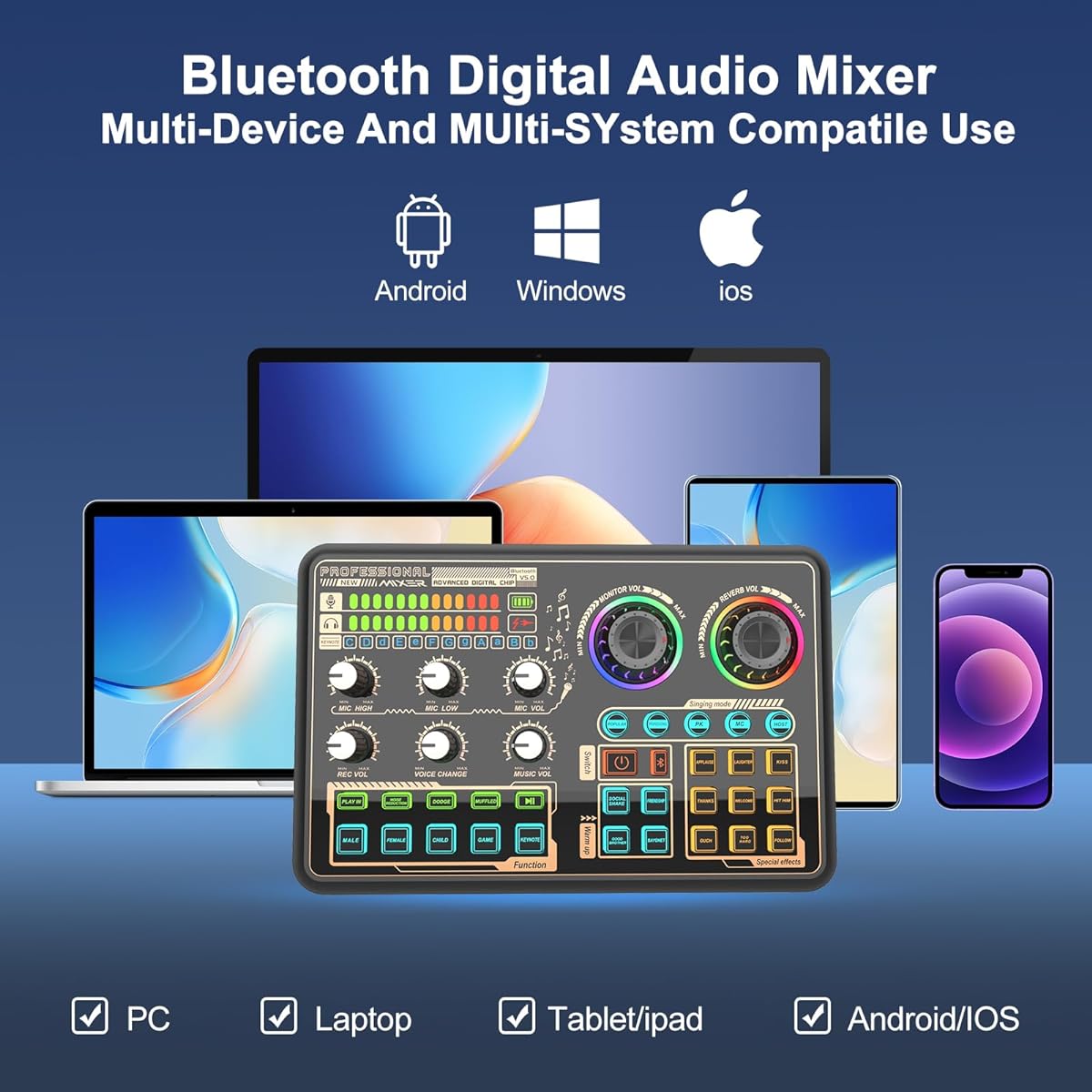 Hosabely Audio Mixer with Effects Audio Interface with Voice Changer & LED Light External Sound Card for PC Phone Microphone Audio Mixer for Karaoke Streaming Recording Game