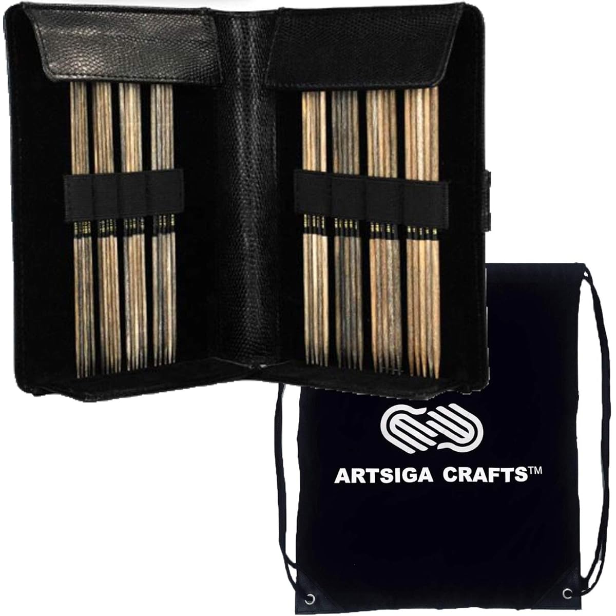 Lykke Driftwood 6" Small DPN Double Point Knitting Needle Set Birchwood US Size 0 1 1.5 2 2.5 3 4 5 Black Denim Case Bundle with Artsiga Crafts Project Bag