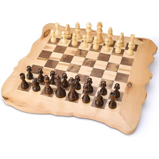 VAMSLOVE 15" Unique Rustic Wood Chess Board Set, Natural Edge Wooden Exotic Chess Board with 3.5" Chess Pieces for Chess Enthusiasts Family Friends