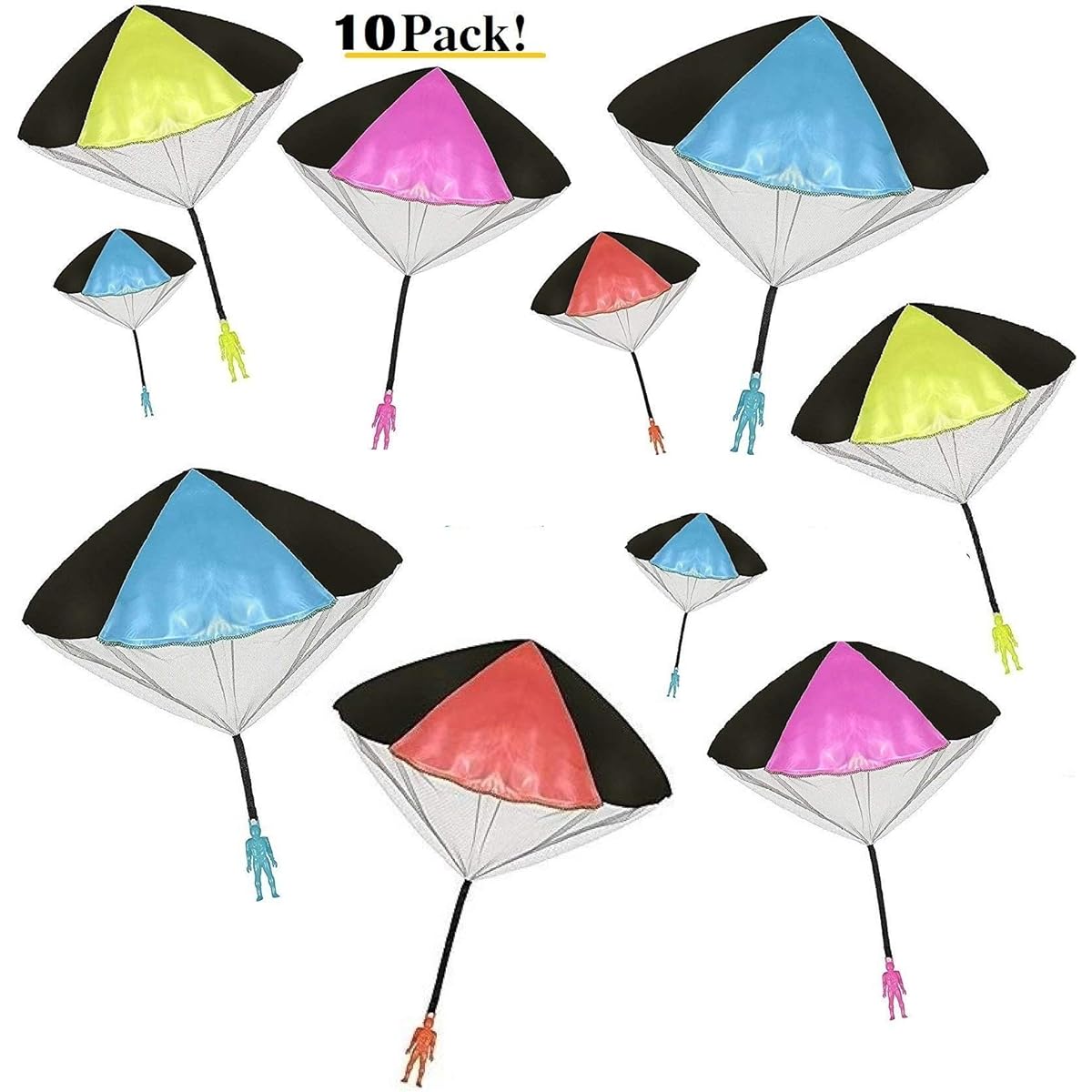 Toy Skydiver Parachute Men's 10 Piece Party Pack Tangle Free (Color and Style May Vary) for Kids and Children