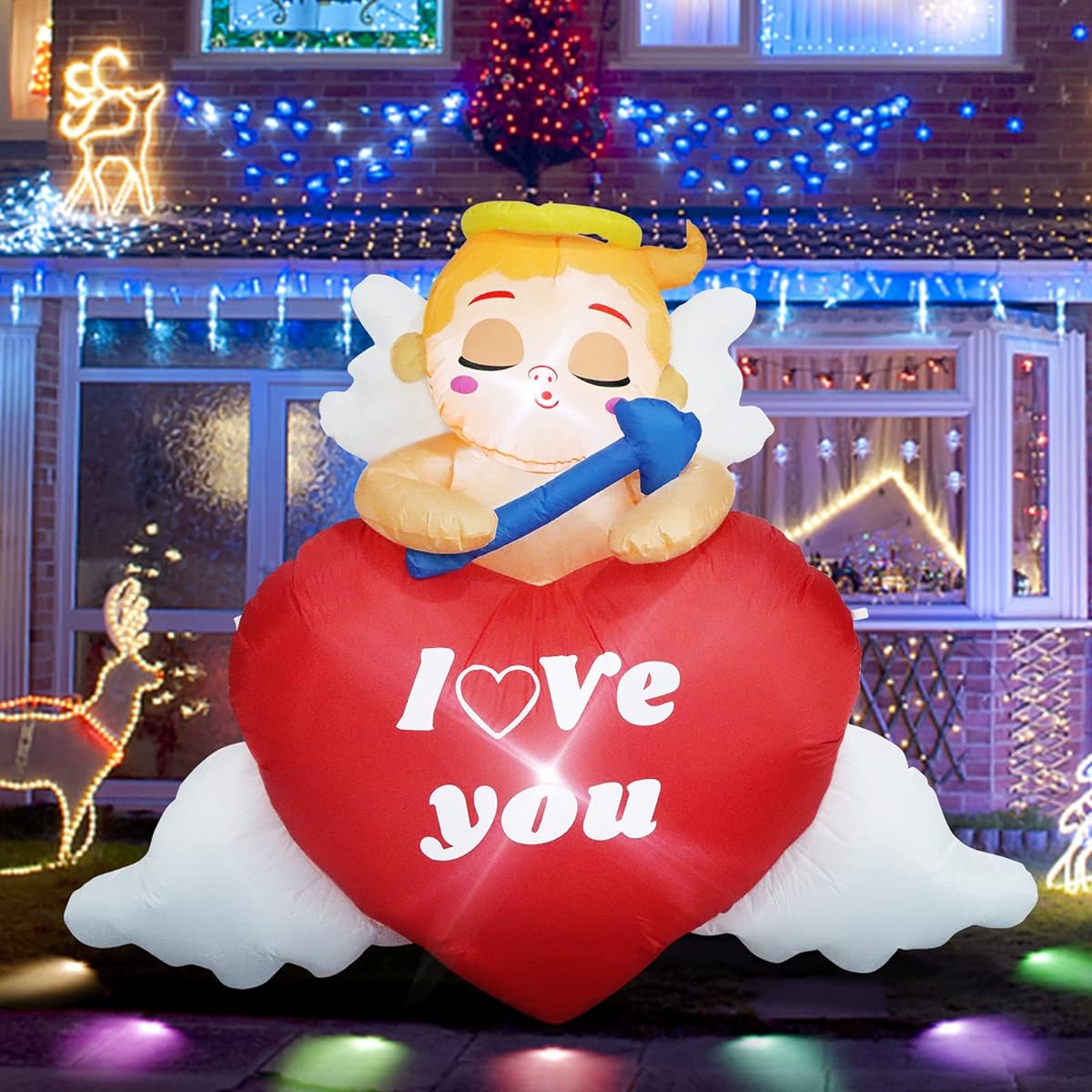 TOROKOM Valentine's Day Inflatable Cupid with Love Heart 5ft Tall Built-in LED Light Blow Up Garden Decoration Sweet Valentine Inflatable Outdoor Decoration for Wedding Holiday Lawn Garden