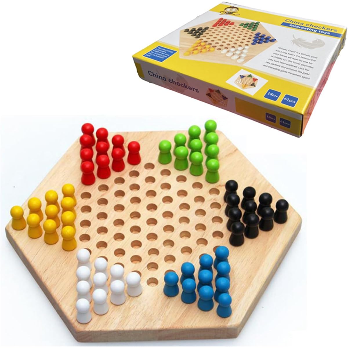 Chinese Checkers Game Set, Wooden Chinese Checkers Board Game Set, 6 Colors, 60 Chess Pieces, Classic Strategy Puzzle, Family Board Game for Adults, Children, Family