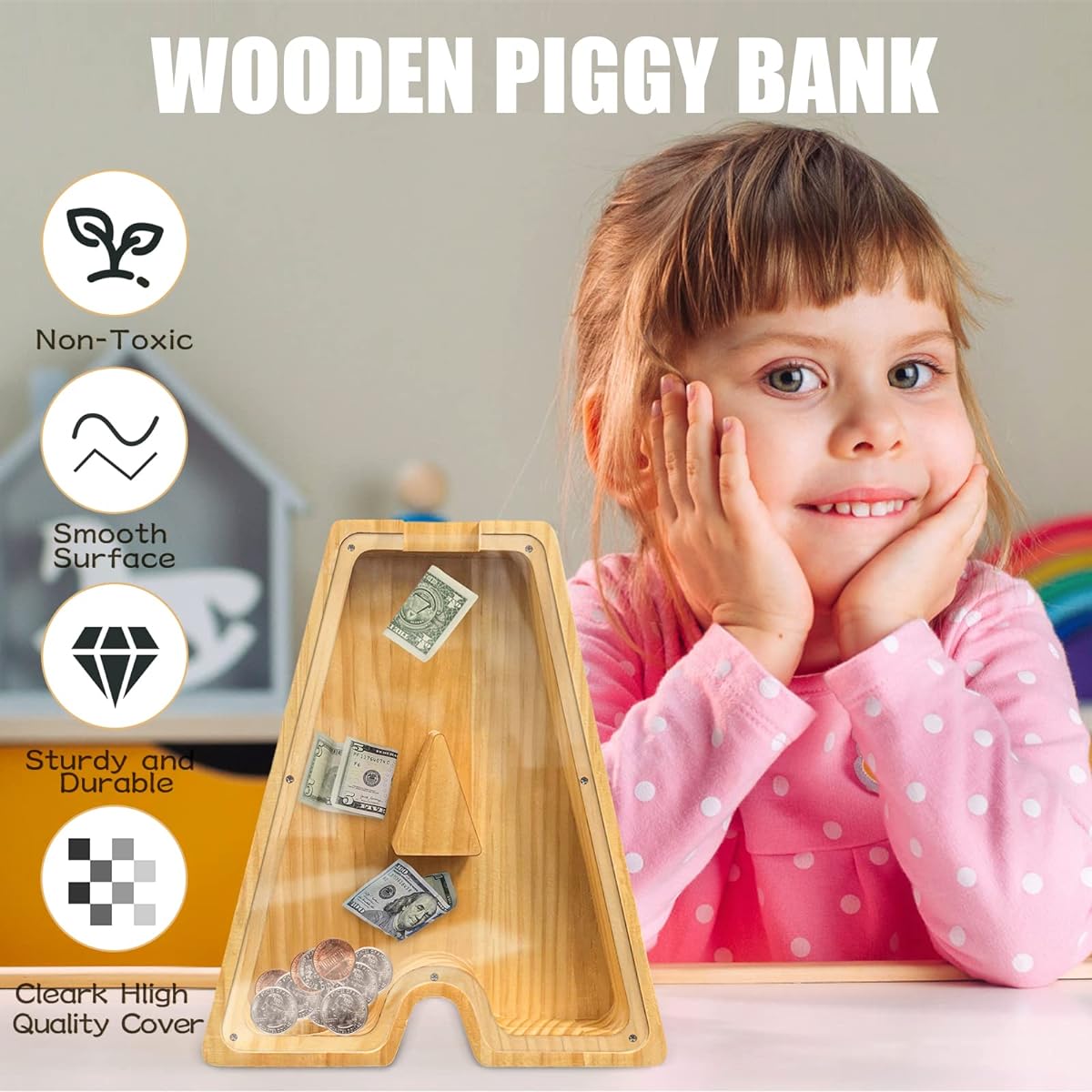 Piggy Bank for Boys Girls Kids Large Piggy Bank 26 English Alphabet Letters, Personalized Custom Name Transparent Piggy Bank Wooden Piggy Bank