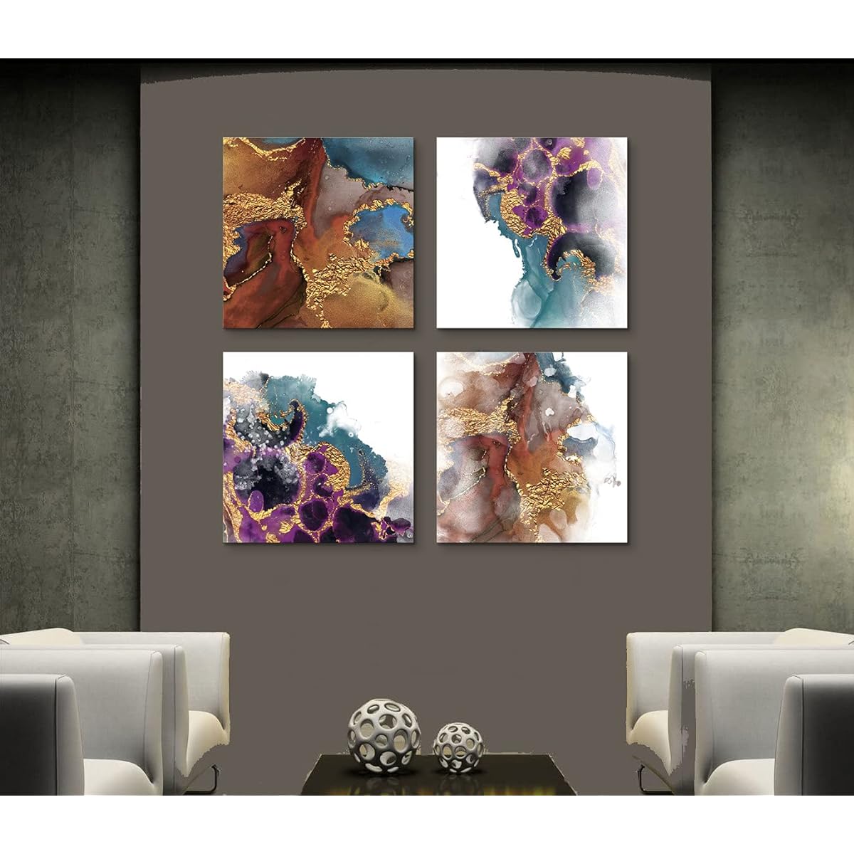 Gold Purple Teal Canvas Wall Art 4 Piece Abstract Print Modern Watercolor Artwork