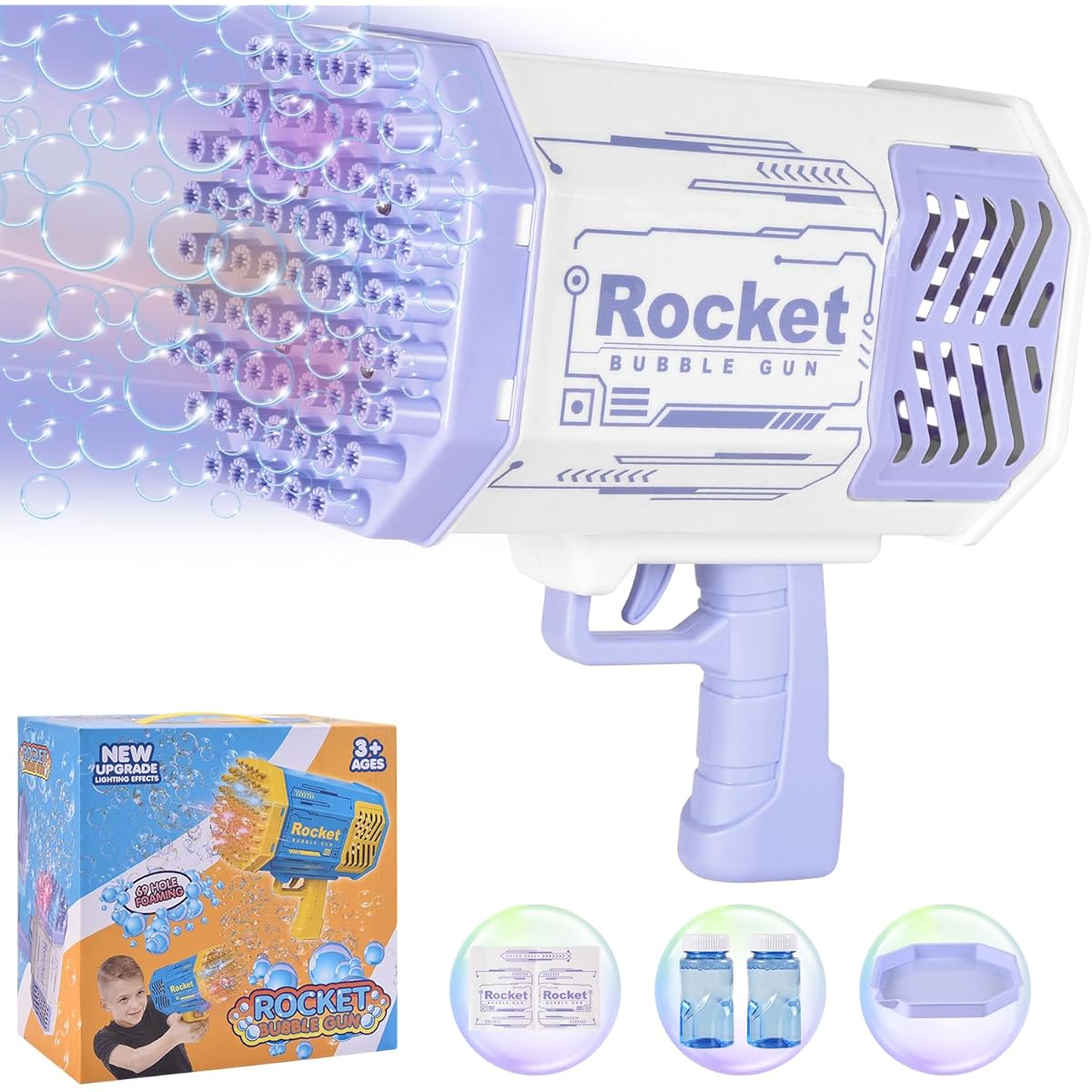 Purple Bubble Machine 69 Holes Rocket Bubble Kids Christmas Toys for Boys Girls Age 3 4 5 6 7 8 9 10 11 12 Years Old Outdoor Birthday Wedding Party Bubble Solution Toy Gift
