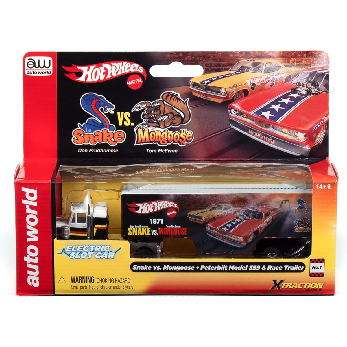 Auto World Xtraction Racing Rig Peterbilt 359 with Trailer Snake vs. Mongoose (Flamethrower) HO Scale Slot Car