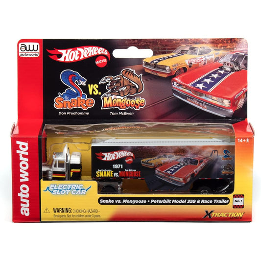 Auto World Xtraction Racing Rig Peterbilt 359 with Trailer Snake vs. Mongoose (Flamethrower) HO Scale Slot Car