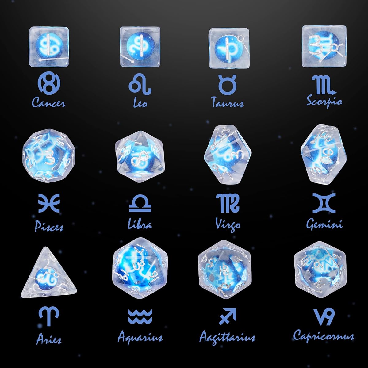 Cusdie DND Dice Set 12 Zodiac Signs Astrology Dice Divination Tool for D&D Tabletop Game Astrology Game Tarot (Blue)