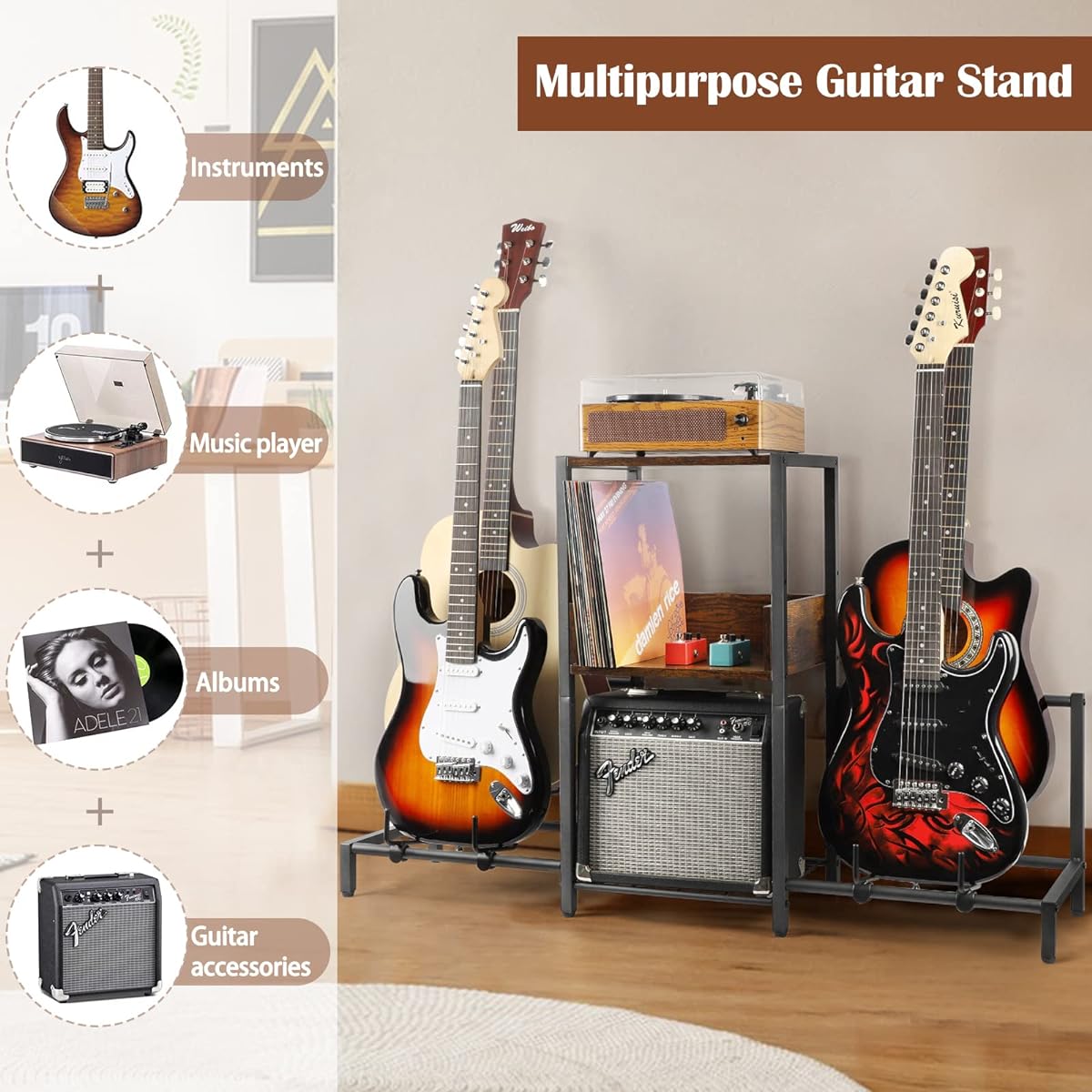 Bikoney Guitar Stand 4 Tier Acoustic, Electric Guitar, Bass, Guitar Rack Holder Floor Adjustable for Multiple Guitars, Guitar Amp Accessories, Guitar Holder Display for Room Home Studio (Patented)