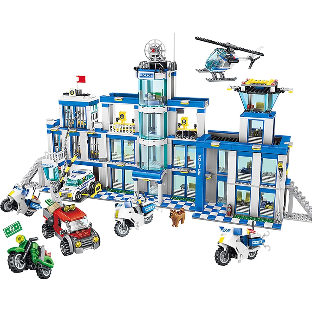 DG Dreams City Series Building Set Police Station Building Kit Counter-Terrorism Theme with Helicopter and Multiple Vehicles (1397 Pieces)