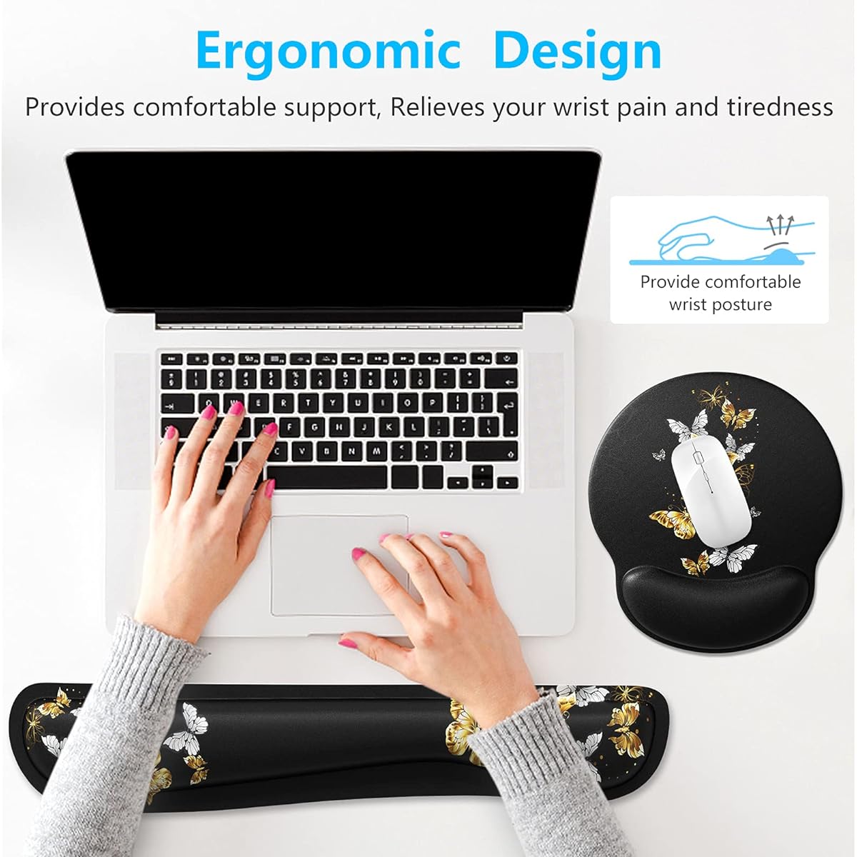 ITNRSIIET Gaming Mouse Pad with Wrist Support, Keyboard Wrist Support and Mouse Pad with Wrist Rest, Non-Slip PU Base, Gold Butterfly