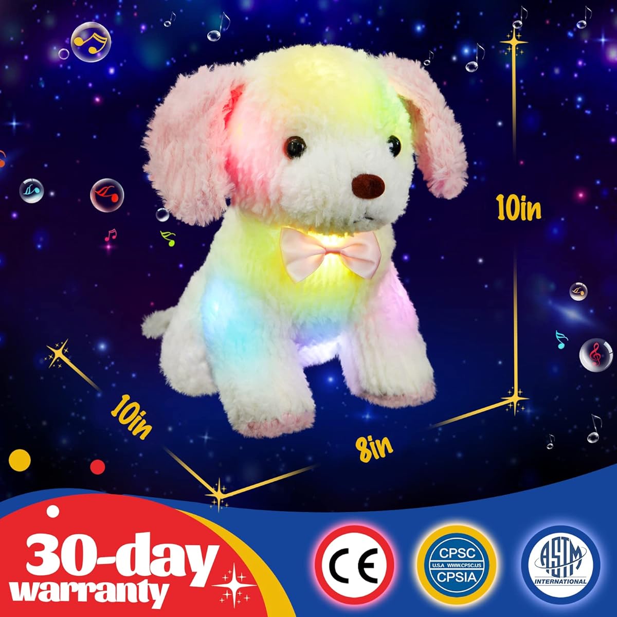 Glow Guard 10" LED Light Up Musical Dog Stuffed Animal Singing Colorful Cute Soft Plush Floppy Puppy Toy Glow in the Dark at Night Winter Christmas Birthday Gift for Kids Toddlers White