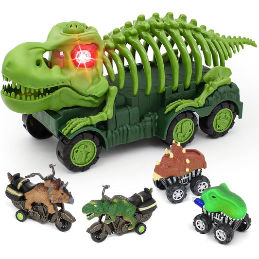 AVIALOGIC Animal Toys Disosaurus Toy - Tyrannosaurus Transport Car Carrier Truck with 4 Mini Toy Cars Friction Powered Catapult Vehicle Birthday Gift for Kids/Boys/Girls (Green)