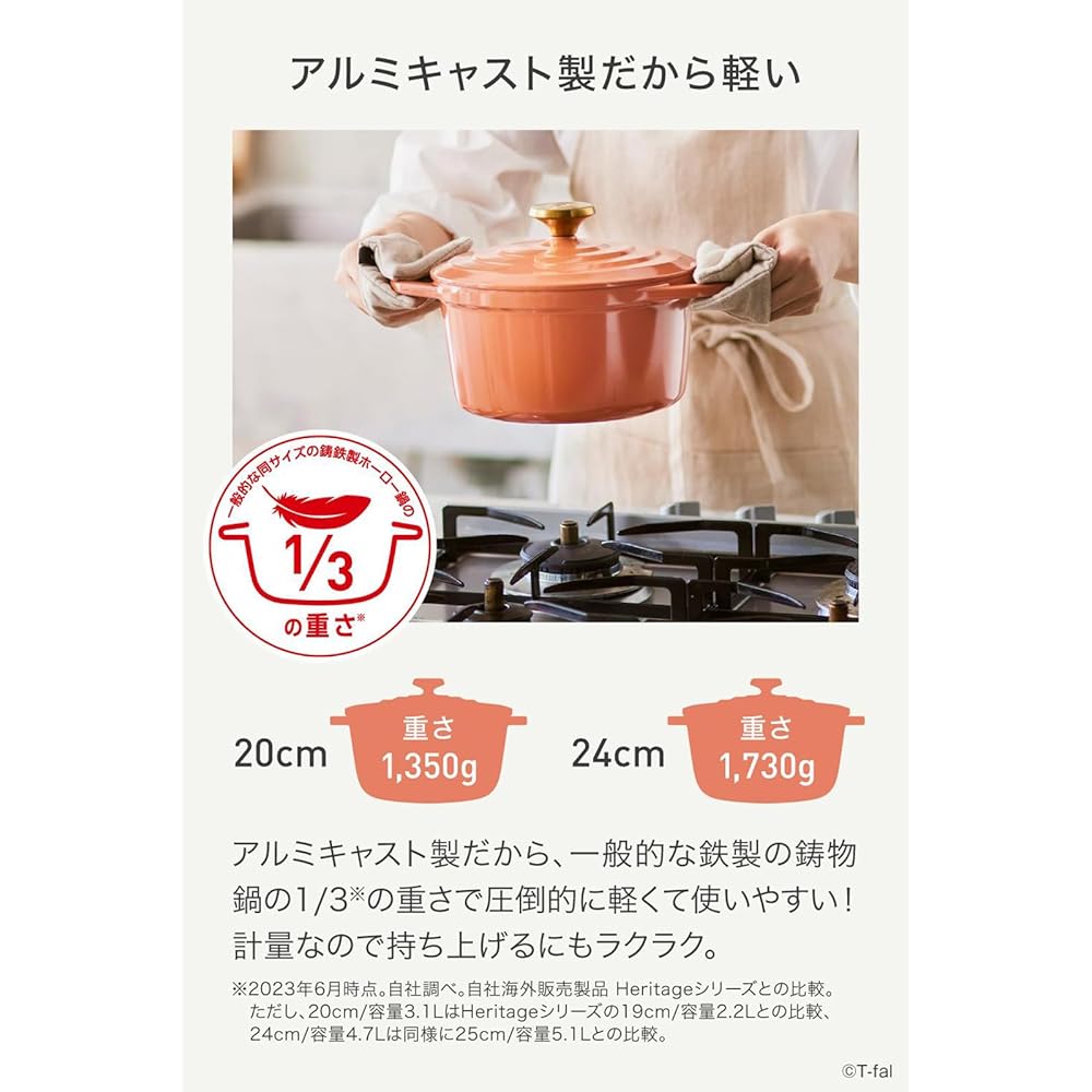 [Online Only] Tefal T-fal Cocotte Pot 20cm Two-handled Pot Light so you'll want to use it every day Non-stick Anhydrous cooking Compatible with IH and gas fires "Castline Air Cocotte" Cast iron Enamel-like luster E26744 Sage Green