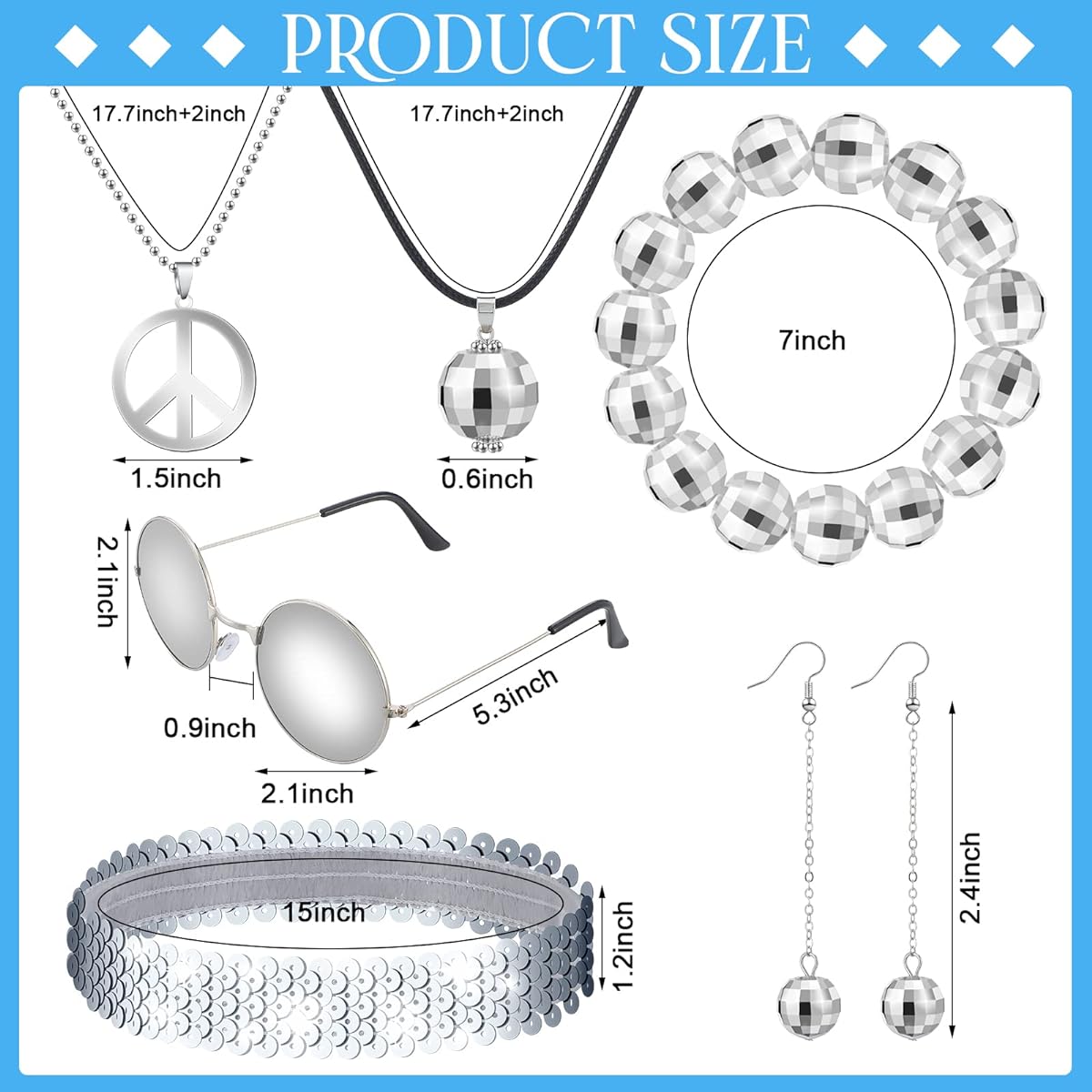 6 Pieces 1970s Disco Accessories Disco Set Ball Earrings Necklace Bracelet Headband Sunglasses Hippie Party 80s Costume for Women Halloween Disco Outfit Disco Ball Jewelry Silver, Silver, One Size