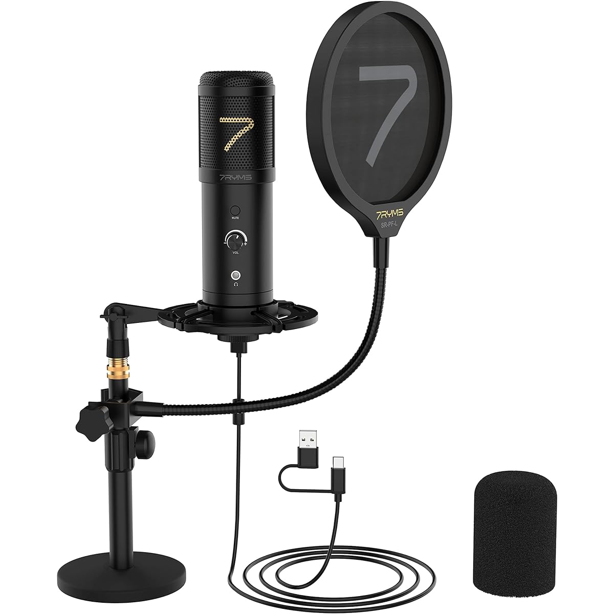 Condenser Microphone USB 7RYMS SR-AU01-K2 PC Microphone Unidirectional USB Microphone 48kHz/24bit Real-time Monitoring Double Pop Guard Microphone Set Skype Recording Live Broadcast YouTube Game Commentary Compatible with Windows/Mac/iOS/Android