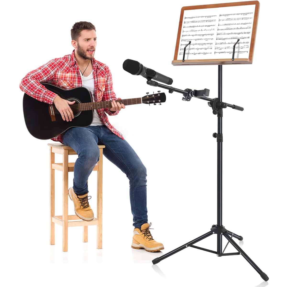 Shikha Music Stand with Mobile Phone Holder and Microphone Holder Brown Wooden Book Plate 3 in 1 Multipurpose Folding Sheet Music Stand & Desktop Book Stand Portable Adjustable Heavy Duty with Clip Holder