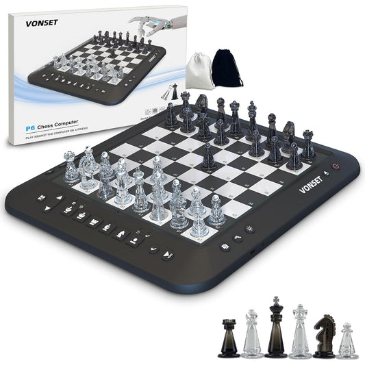 Vonset P6 Computer Chess Game Talking Smart Chess Board Electronic Chess Set Magnetic Chess Computer with LED for Beginners Electronic Chess Board for Kids & Adults Learn to Play Chess
