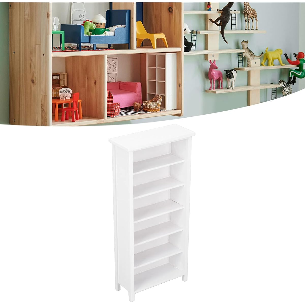 Agatige Dollhouse Bookshelf 1/12 Scale Doll Display Case Simulation Dollhouse Decorative Furniture (White)