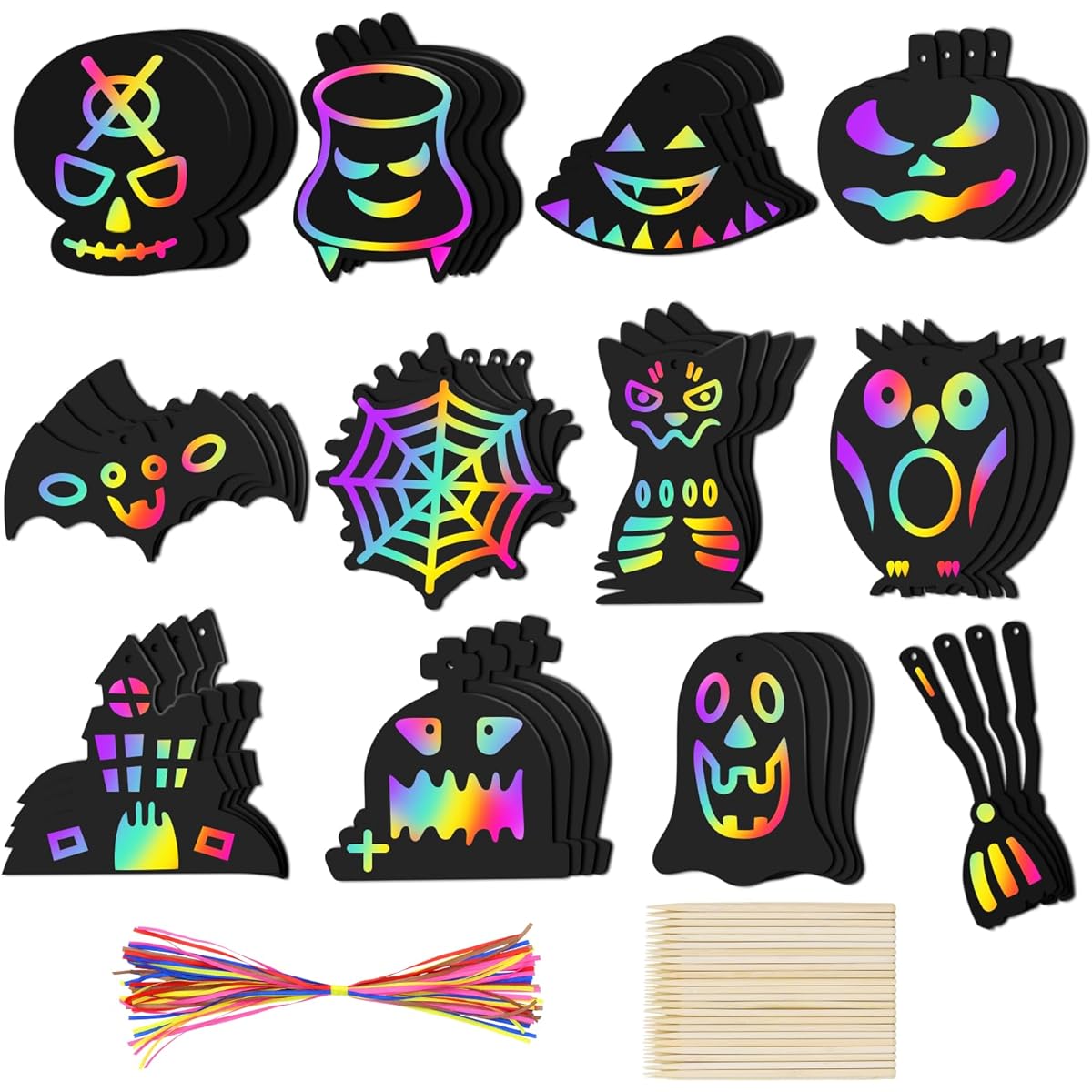 Halloween Scratch Paper Art for Kids - 48 Pieces DIY Rainbow Scratch Off Paper Cards Set for Kids Crafts Art Supplies Class Birthday Holiday Party Activity Gifts