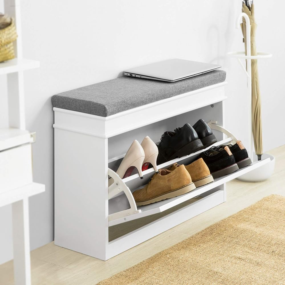 SoBuy Entrance Bench, Shoe Box, Storage Bench, Shoe Rack, Thin, Width 75 x Depth 24 x Height 51 cm, Space Saving, Stylish, Shoe Storage, Storage Bench, Shoe Box, Entrance Chair, Shoe Box, Storage Tool, Entrance Storage (FSR82-L-W)