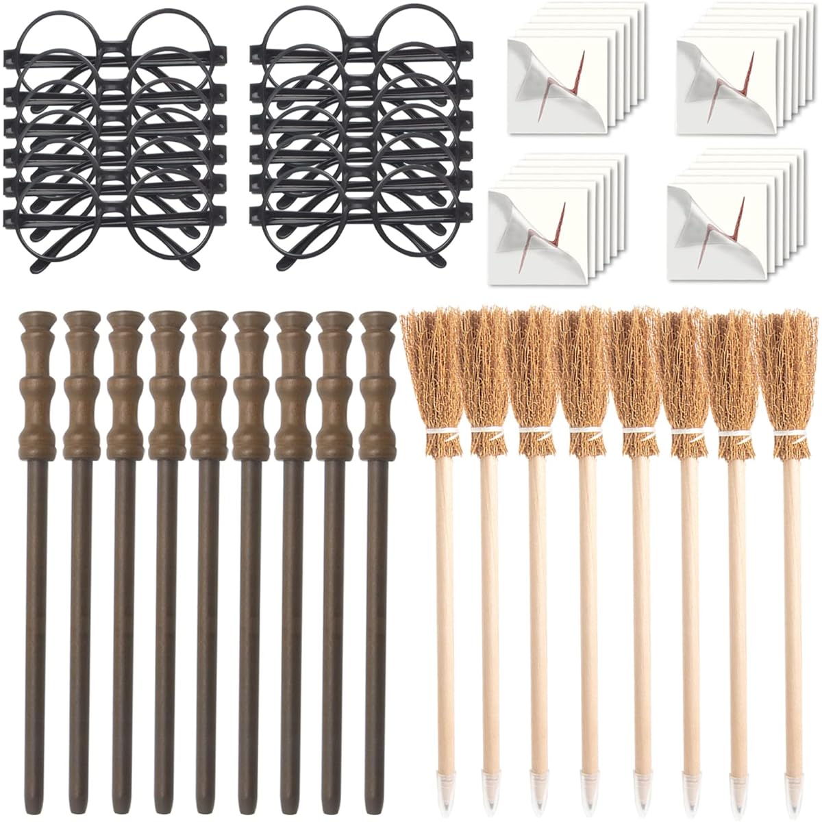 Wizard Party Supplies Set - 12pcs Wizard Glasses with Round Frames, No Lenses, Witch Broom Pencil, Magic Wand Pencil and Lightning Scar, Temporary Tattoos Theme Birthday Halloween Cosplay Costume Party Decoration