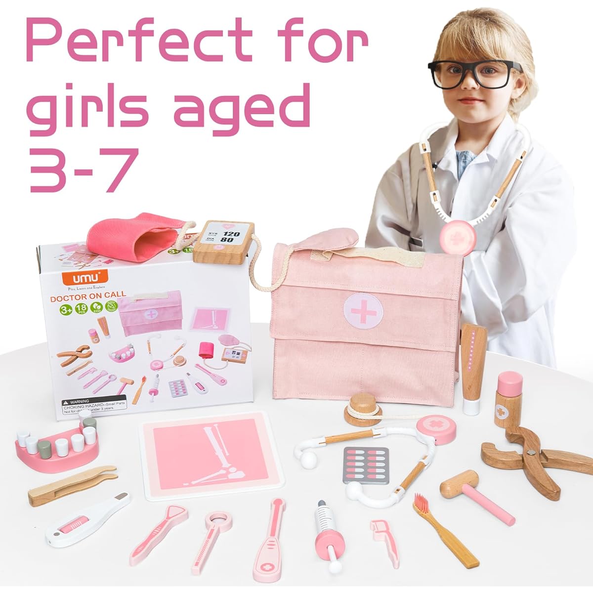 Wooden doctor kit for children pink