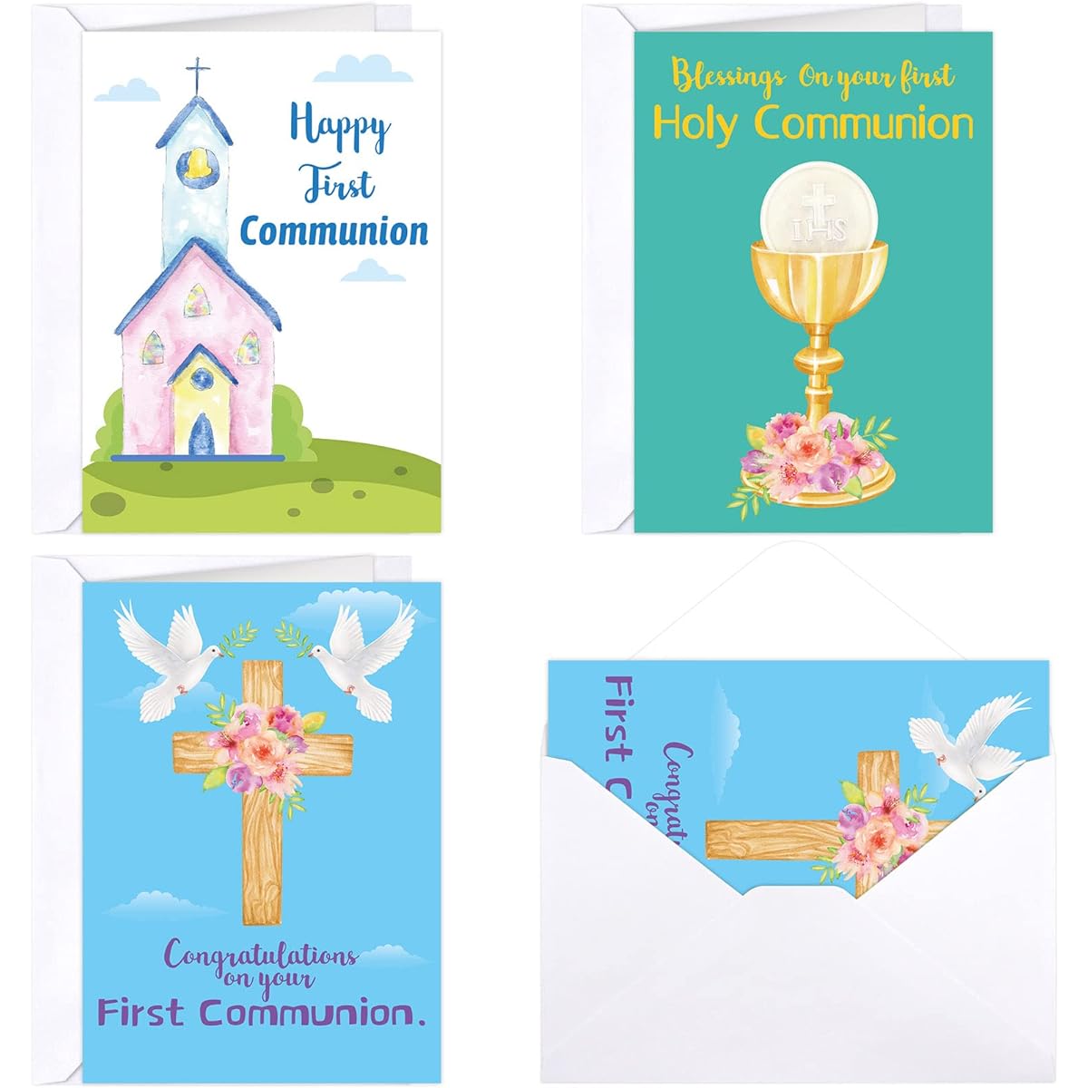 12 Holy First Communion Cards with Envelope Inside and Sacramental Message 5x7 Inches