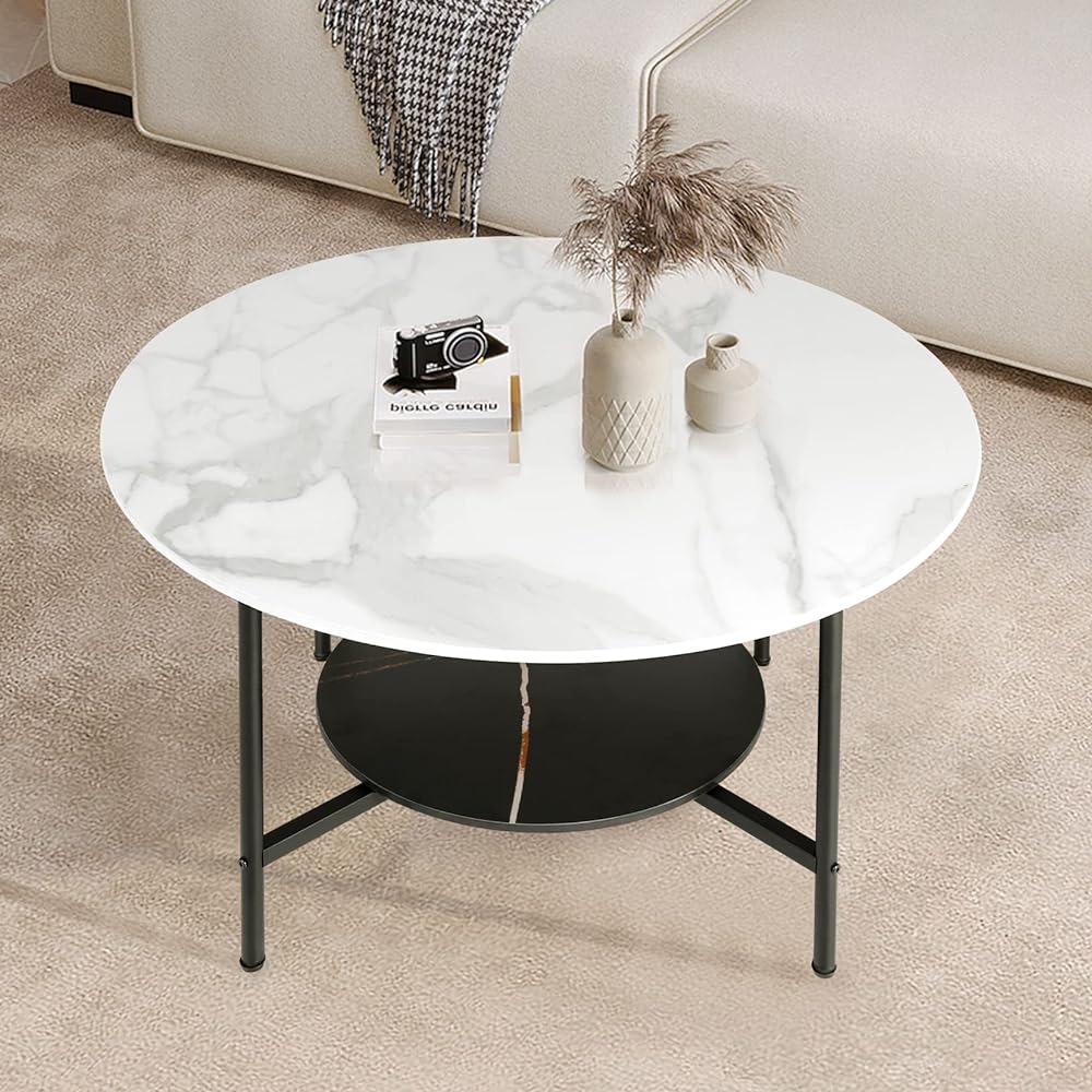 UNHO Center Table Marble Low Table Round Width 80cm Living Table White Stylish Round Table Coffee Table 2 Tiers Modern Scandinavian Interior