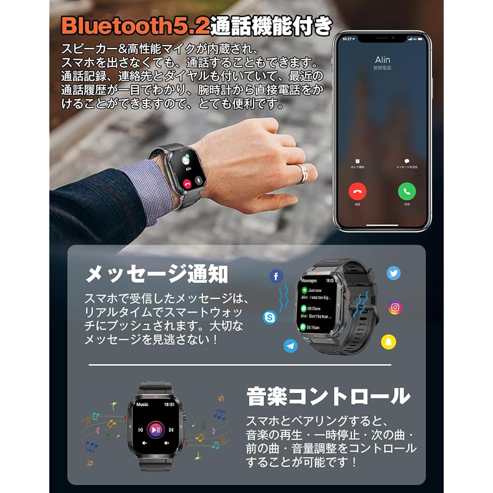 Smart Watch (2023 Innovation Model, Military Standard Shockproof, Waterproof, Dustproof), 1.96-inch Large Screen, Bluetooth 5.2 Calling Function, Personal Business Cards, PayPal Deposit Cord, 100+