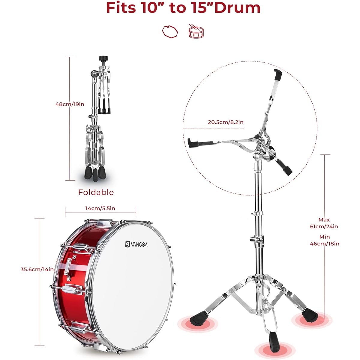 Vangoa Snare Drum Set Student Snare Drum Kit with Stand Drum Mute Pad 5A Drumsticks Drum Key Sticks 14" x 5.5" Red