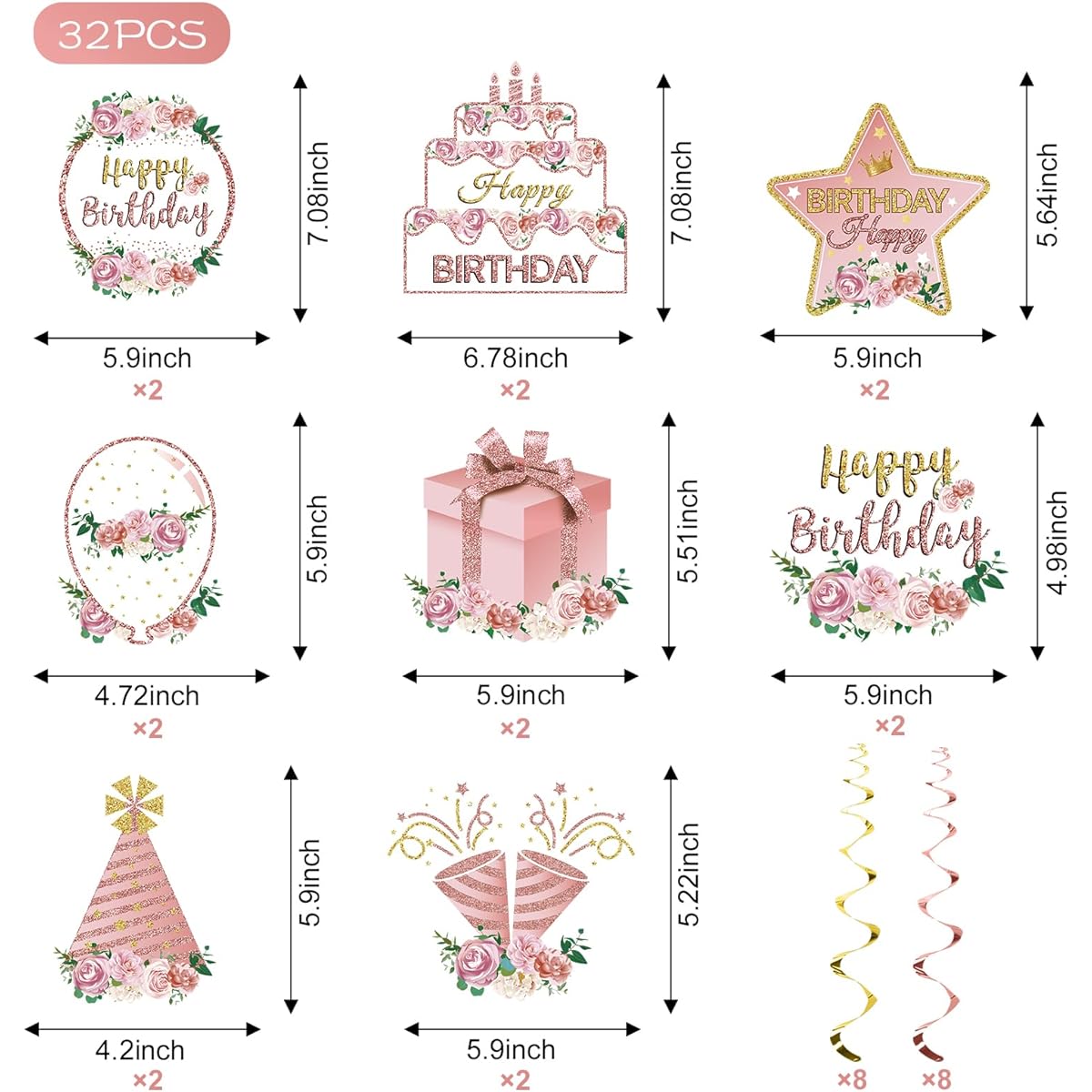 Pink Rose Gold Birthday Decorations Floral Streamers for Women Girls 32 Pieces Floral Birthday Ceiling Swirl Party Supplies 16 Years 18 Years 21 Years 30 Years 40 Years 50 Years 60 Years Birthday Sign Decoration