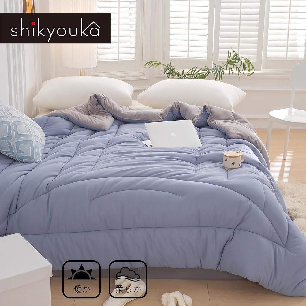 Shikyouka Antibacterial Anti-mite Comforter Single Winter Comforter Soft and Comfortable Fluffy Warm Peach Skin Four Seasons Comforter (170x210cm, Blue/Gray)