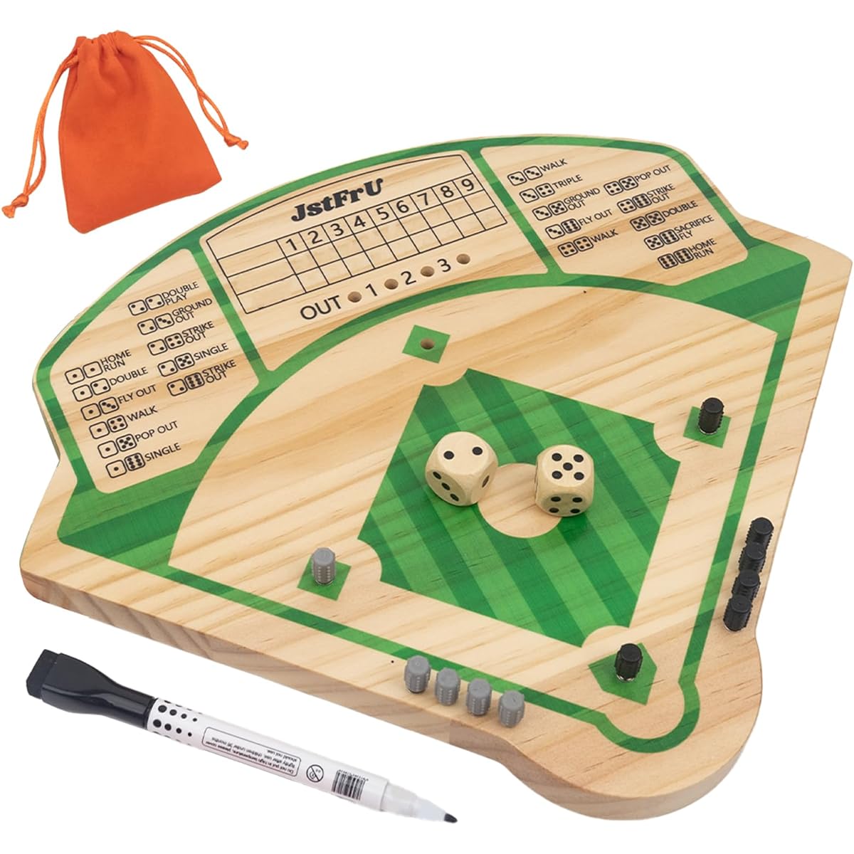 Baseball Board Game, Wooden Baseball Game, 20mm Thick Wooden Board with 10 Pieces & Dice, Markers, Perfect for Family Game Nights/Parties/Road Trips, Portable