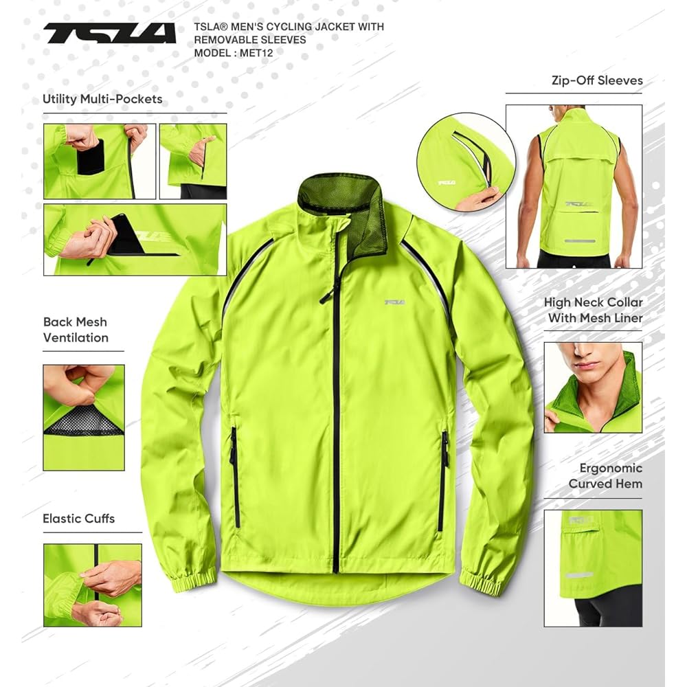 [Tesla] Men's Windbreaker Parka Detachable Sleeves Jacket [Waterproof, Lightweight, Windproof] Vest Cycle Wear Outdoor Bike Sportswear Bicycle Pocketable Large Size