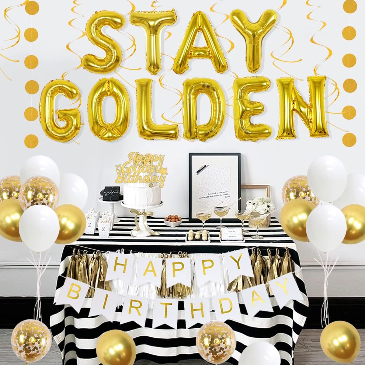Stay Golden Birthday Party Decorations Happy Birthday Gold Banner Decorations Stay Golden Balloons Happy Golden Birthday Cake Topper Sash for Boys Girls Adults Gold Hanging Swirls Circle Dots Garland Decor