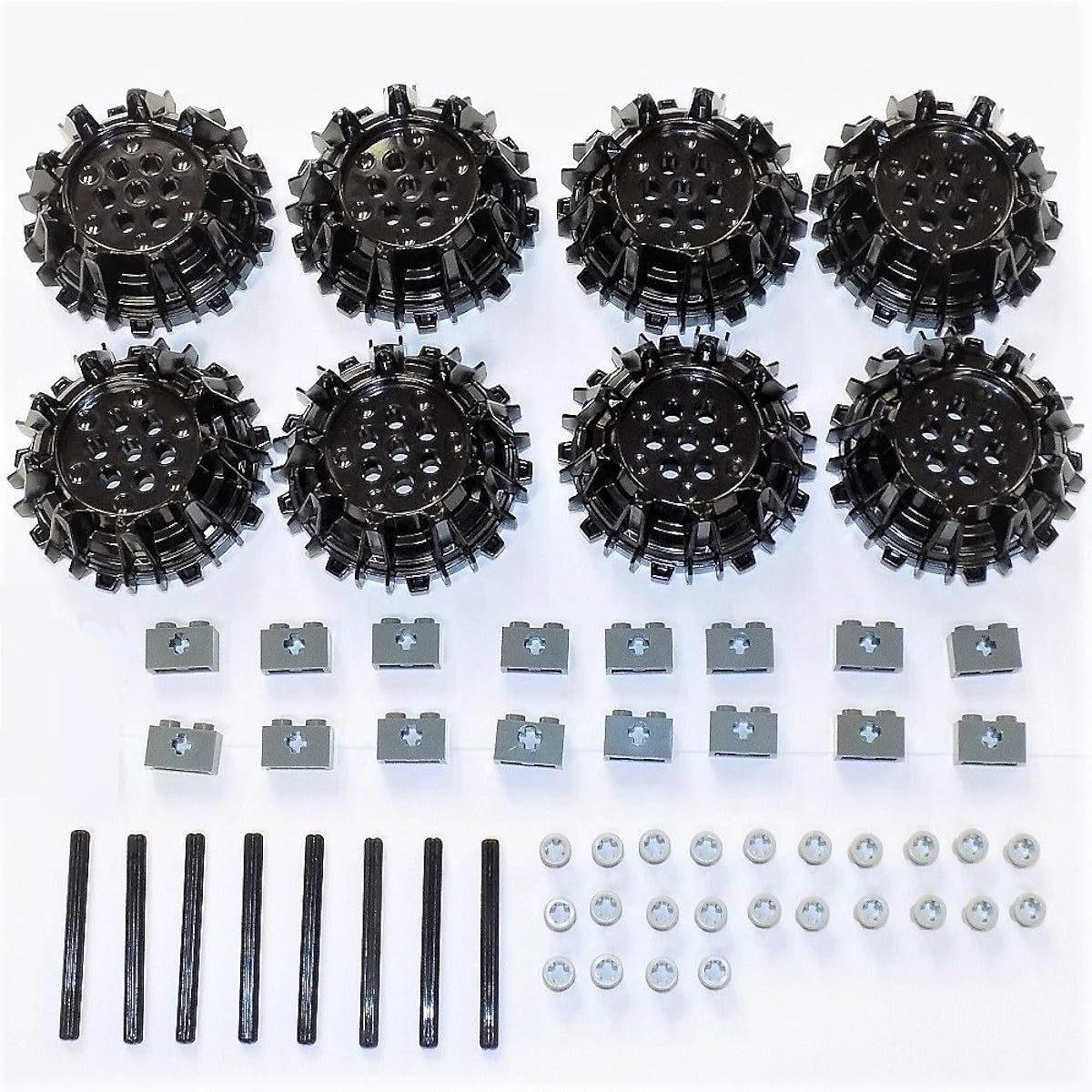 LEGO parts and pieces: Large Black Wheels with Cleats and Spikes/Technical Connector Pack - 56 Pieces