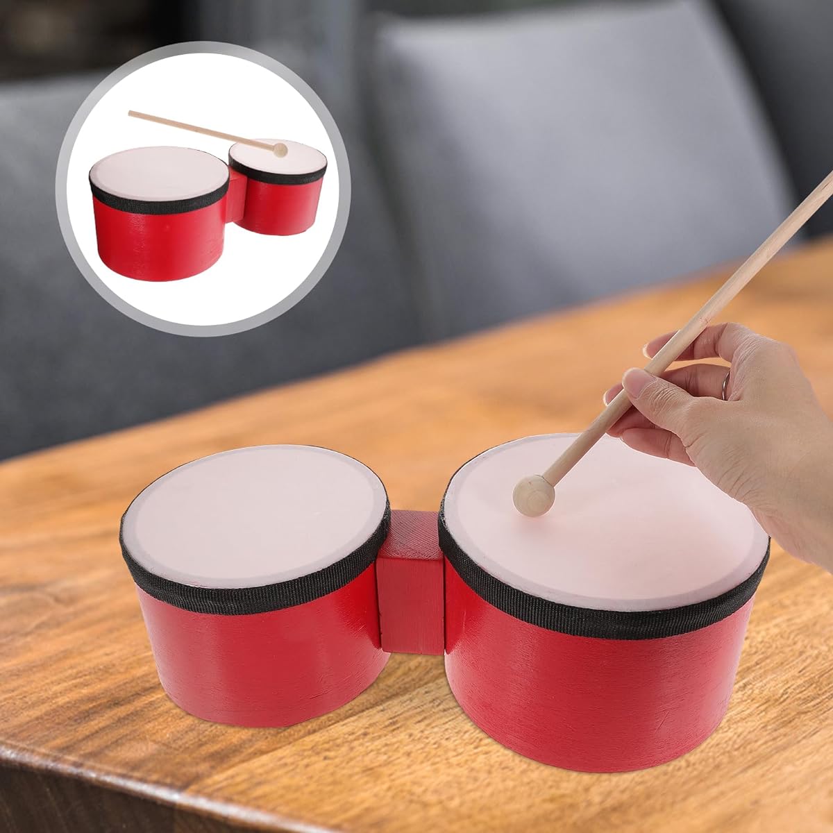 Orff Bongo Drums Set of 4 Wooden Bongo Drums for Adults Beginners Double Drum Head Tambourine with 2 Mallets Ages 9-12 Years Kids