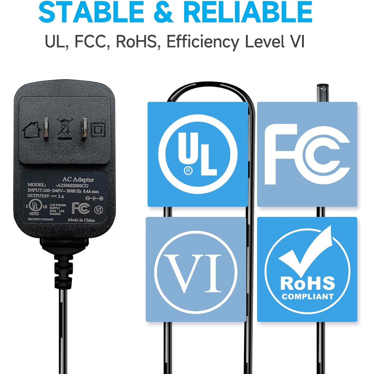 UL certified 6Vdc 2A power adapter Compatible with 1.5A 1A 0.5A devices 100-240V 50/60Hz AC to DC 12W power cord for blood pressure monitor/stationary bike/humidifier/scanner, etc.