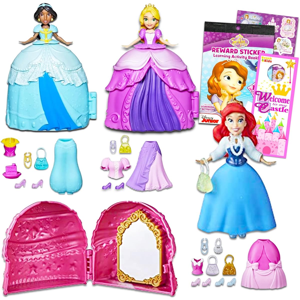 Disney Princess Fashion Surprise Doll Set - Disney Princess Ariel, Jasmine, Rapunzel Dolls, Accessories and Stickers 3 Piece Set Disney Princess Mystery Toy
