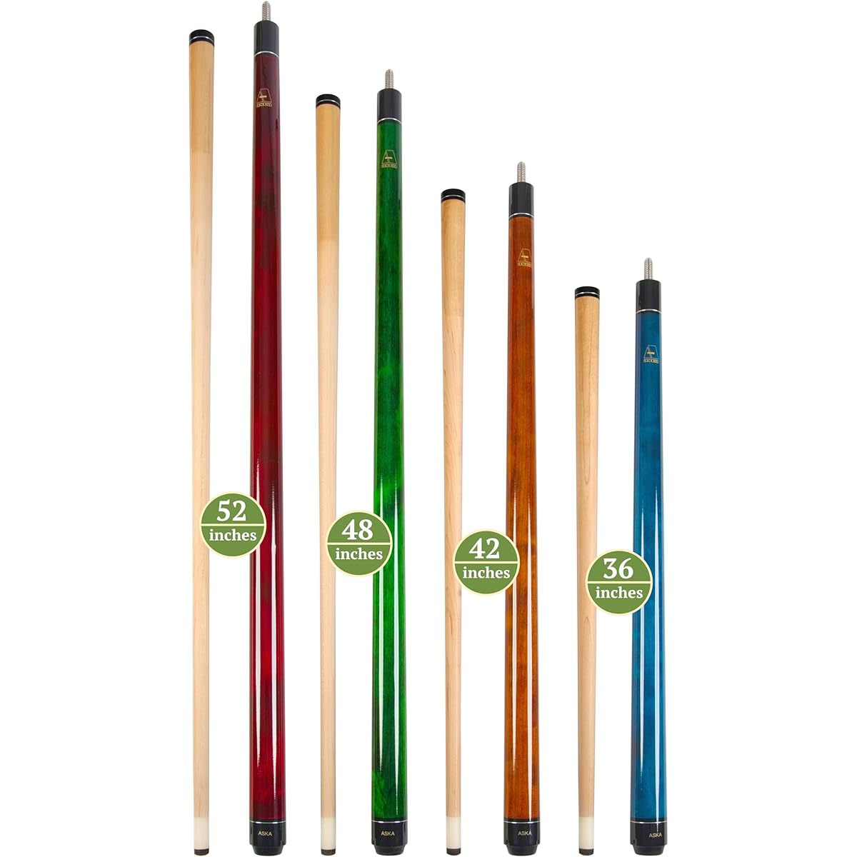 Aska Mixed Length Cue LS Set Canadian Hard Rock Maple Billiard Pool Cue Stick Short Kids Cue Set of 4 Wrapless LS4N