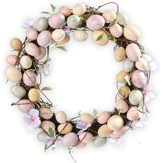 WDS WONDROUS Colorful Easter Egg Wreath, 13" Artificial Easter Wreath for Front Door, Hanging Spring Wreath with Pastel Easter Eggs, Green Leaves and Flowers for Wall Window Party Decoration