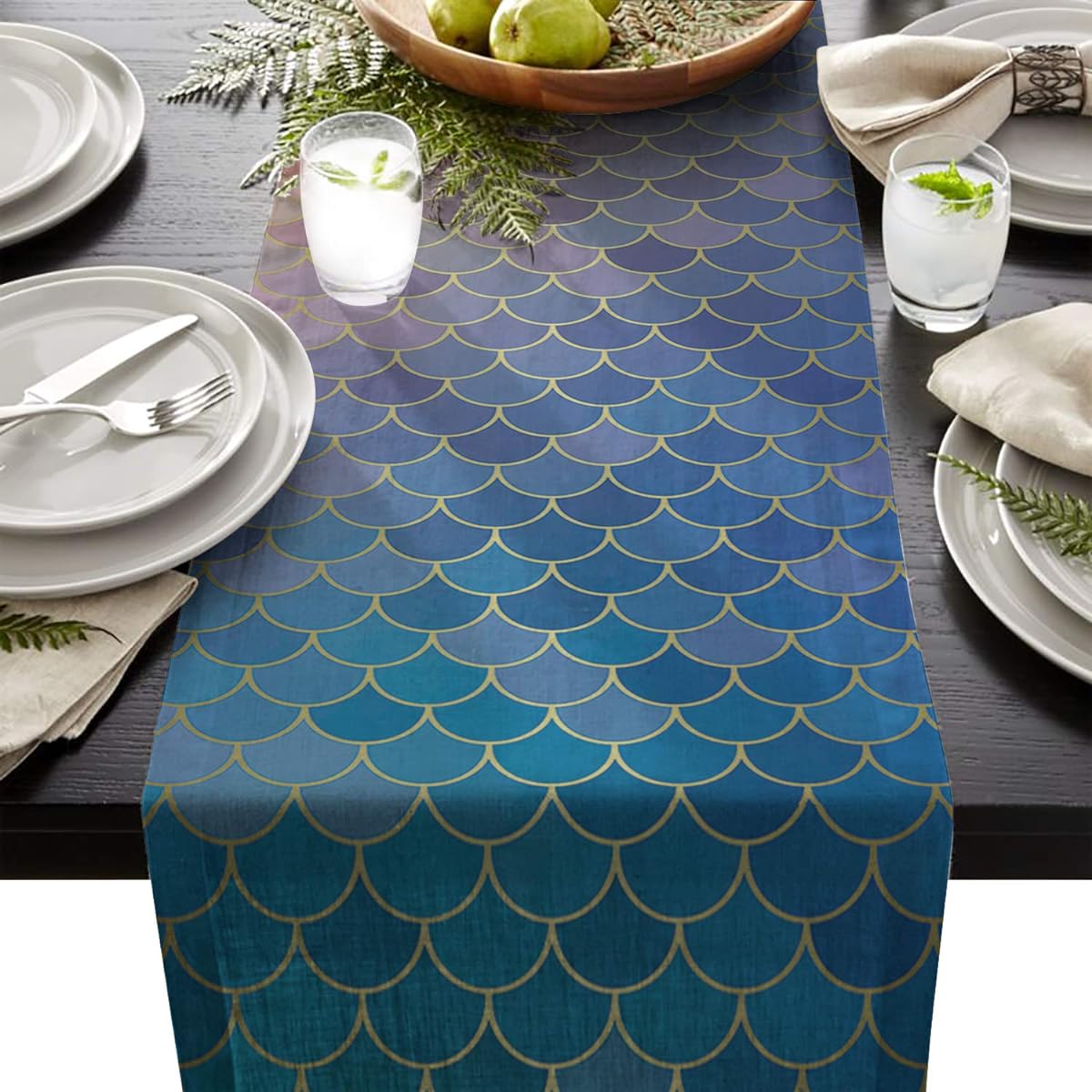HELLOWINK Cotton Linen Burlap Table Runner for Wedding Party Holiday Dinner Home Decorations (Mermaid Glitter Ocean Ombre Orange Teal Triangle) 16x72inch HWKFXQ180930-ZQ-SJ-SCRY00528ZQDDBHE