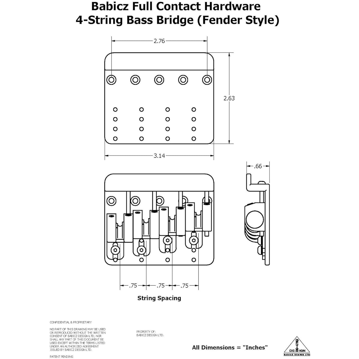 Babicz FCH4CHP Full Contact Hardware, 4-String Bass Bridge, Chrome