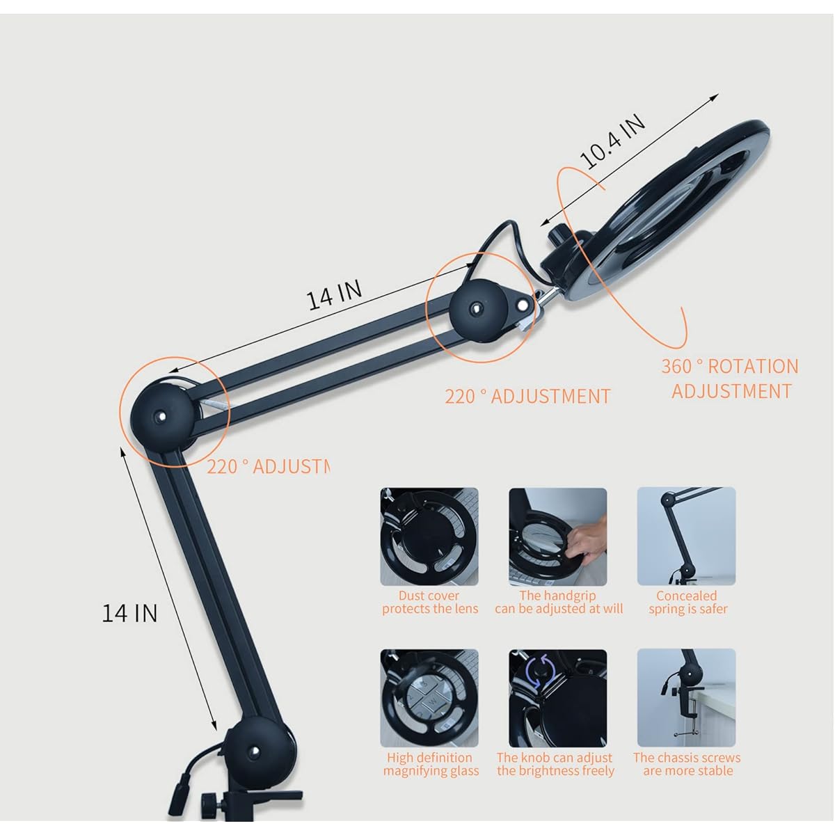 LED Magnifier with Light 8x Real Glass Desk Lamp & Clamp Stepless Dimming LED Light with Loupe Light for Hobby Reading Sewing Crafts Repair Close Work (Black)