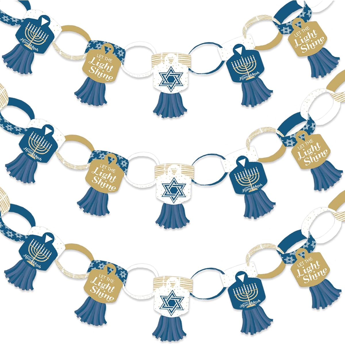 Hanukkah Chanukah Big Dots - 90 Chain Links and 30 Paper Tassels Decoration Kit - Hanukkah Holiday Party Paper Chain Garland - 21 Feet